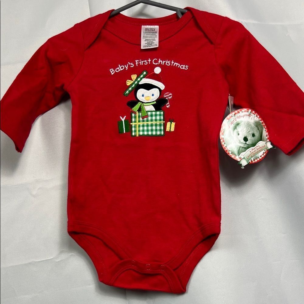 Nursery Rhyme Red long sleeve Baby’s First Christmas penguin bodysuit 6 months